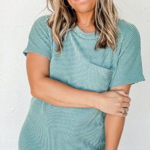 Blue Striped Ribbed Knit T-shirt Shift Dress